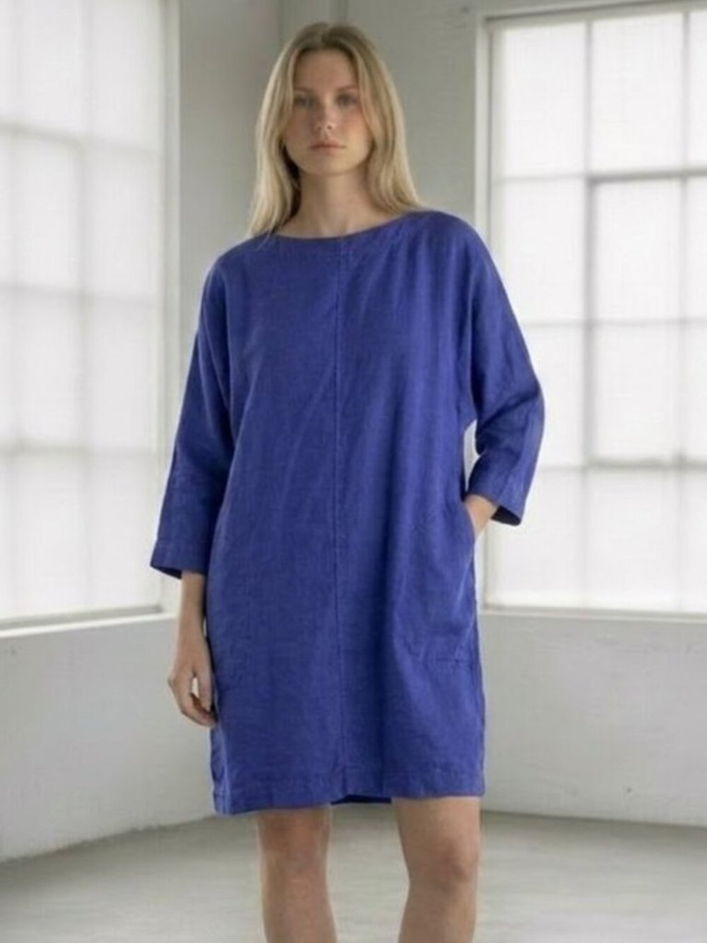 Wilfred Aritzia Delphine Dress Cobalt Blue Viscose Ramie Shift Pockets Size S